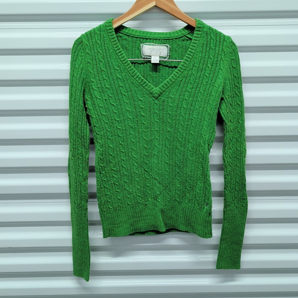 American Eagle Cable Knit Sweater Size XS Women Green V-Neck Cotton Angora Blend — photo 2